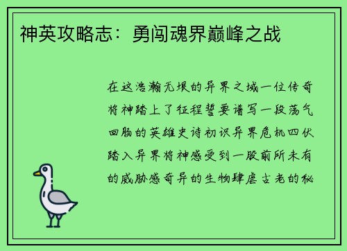 神英攻略志：勇闯魂界巅峰之战